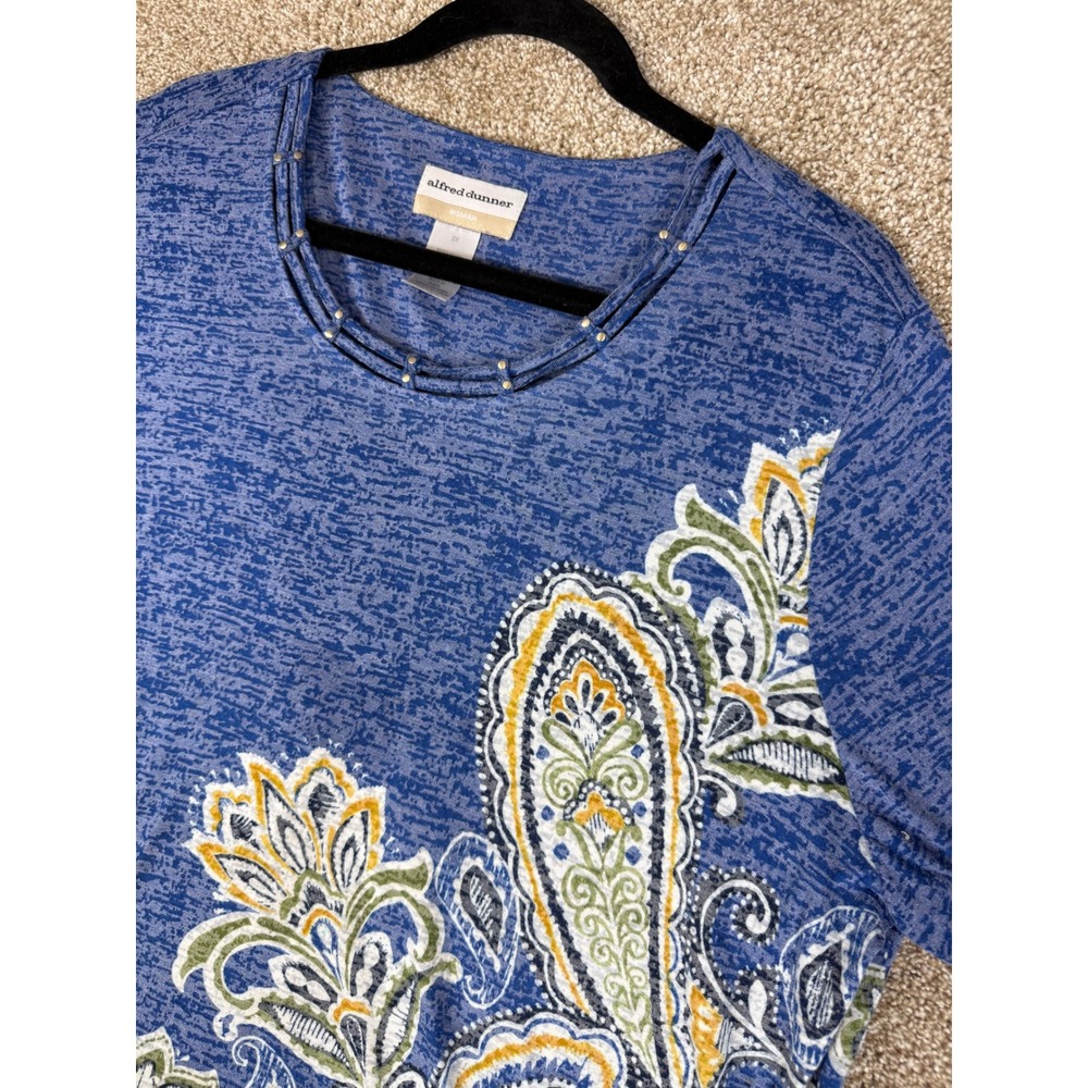 Alfred Dunner Woman Blue Paisley Floral Rhinestone 3/4 Sleeve Top 2X Grandma